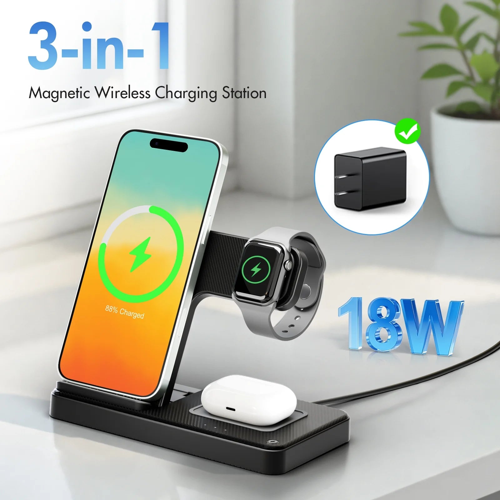 Charging Station, Wirelss Charger, Magnetic Charging Station Compatible with Iphone 16 15 14 13 12 11 Pro Max XS XR, for Iwatch Series 9 8 7 6 5 4 3 2 SE, for Airpods 3 2 Pro